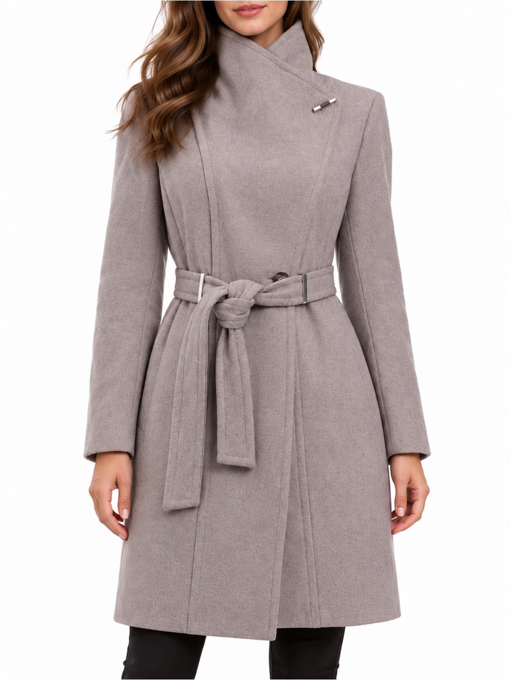 Calvin Klein Toggle Wrap Twill Wool Blend Belted Coat Oatmeal Women Size M